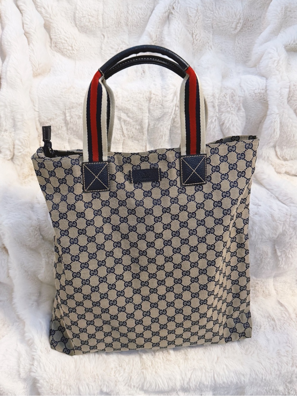Gucci Beige & Navy GG Canvas Tote with Red and Blue Web Handles